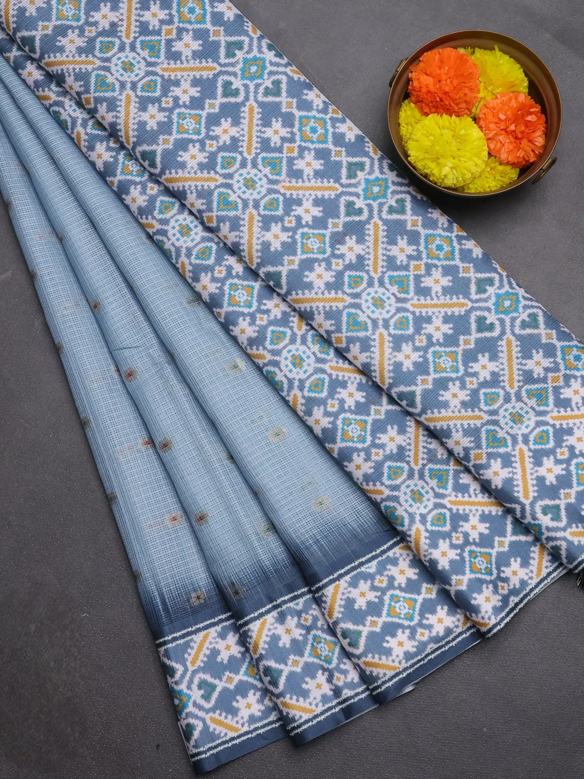 Pastel Blue and Grey Art Kota Cotton Ikat Printed Saree